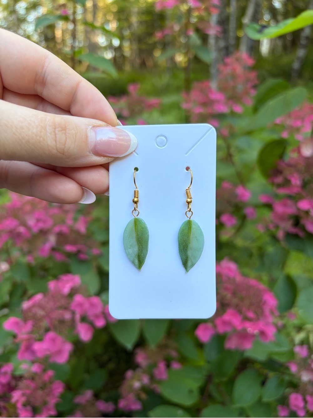 Handcrafted Green Leaf Drop Earrings - Gold Hooks